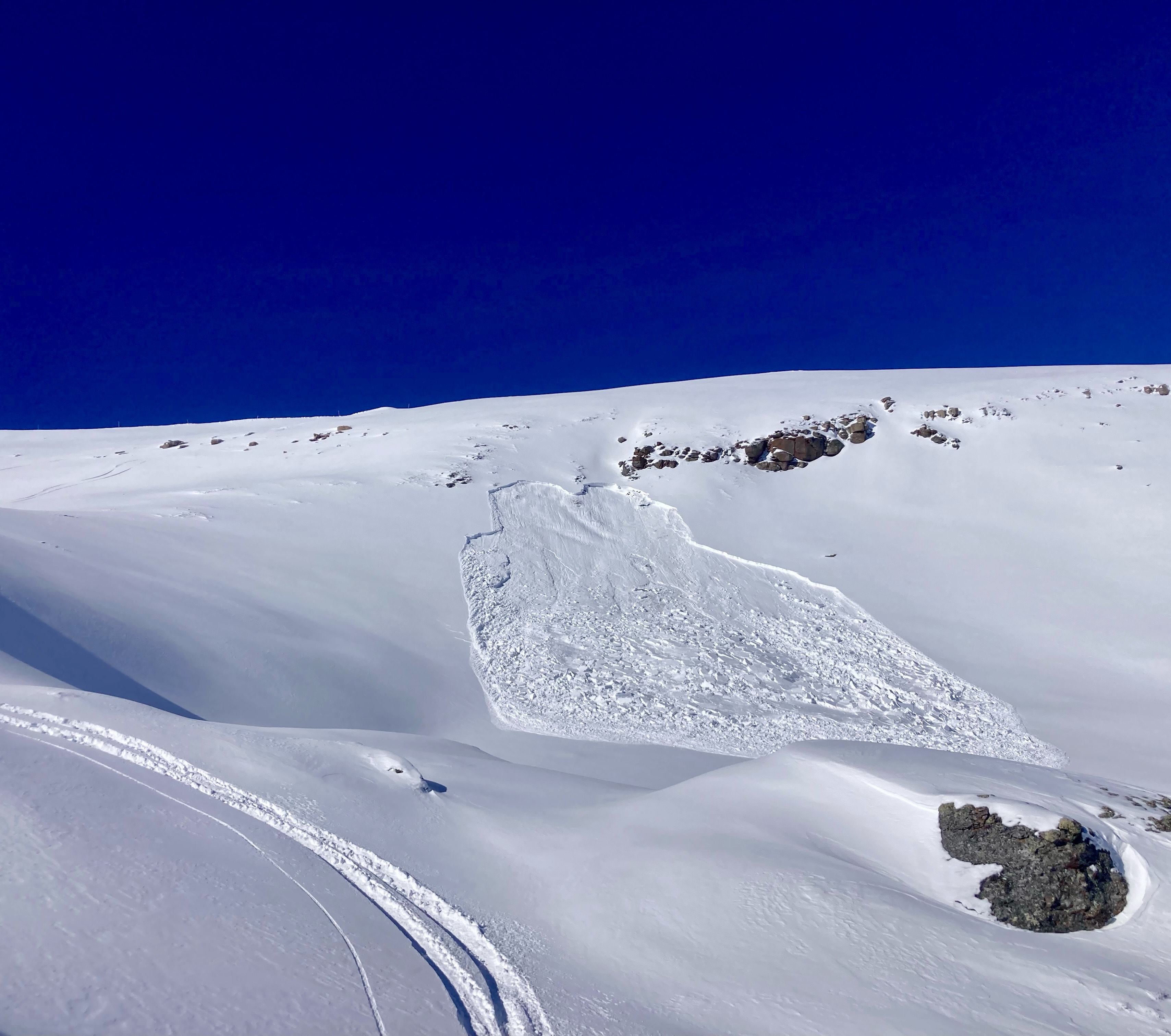 avalanche with a track in the foreground. 