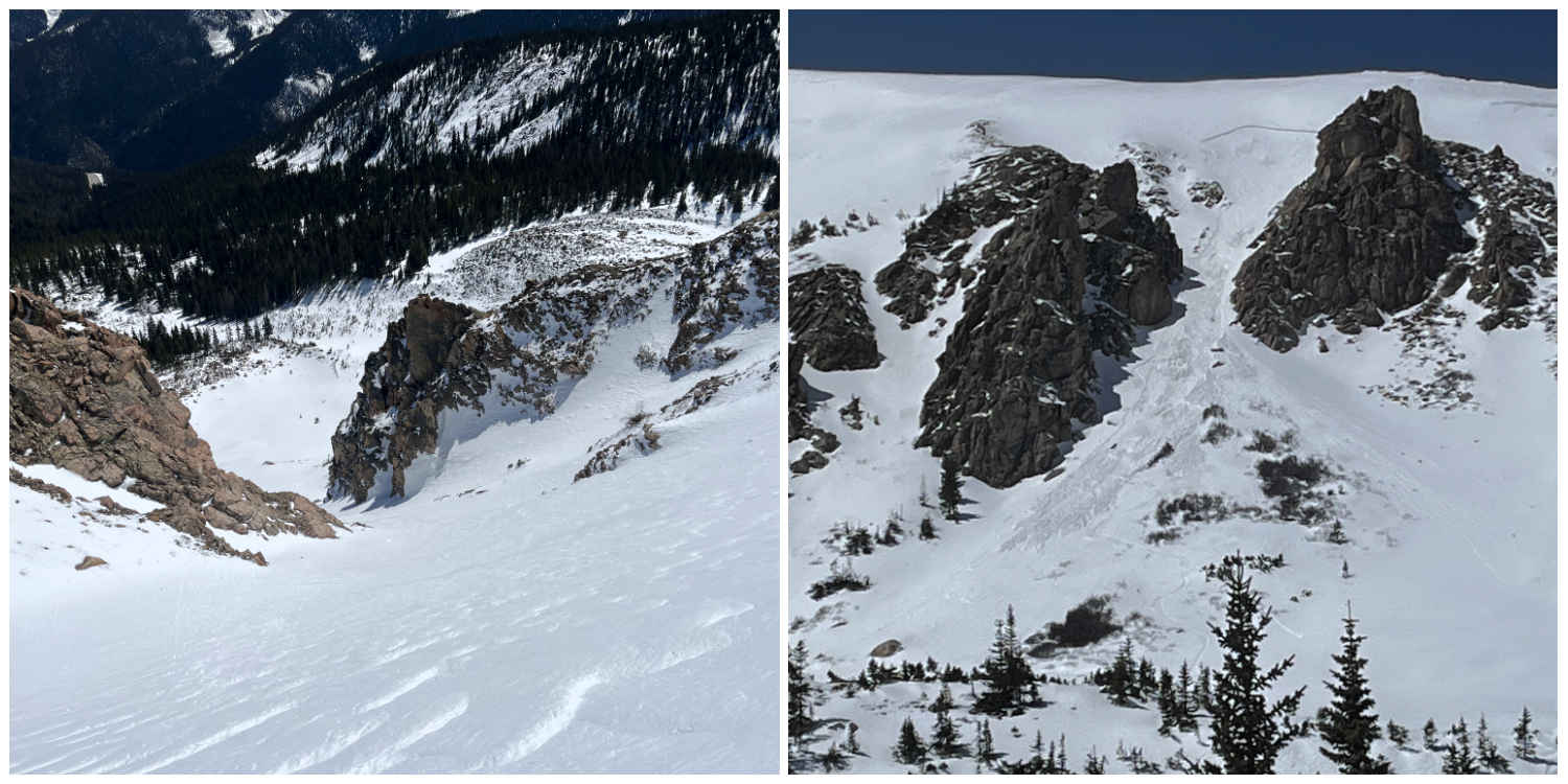 Side-by-side images showing the Hourglass Couloir near Berthoud Pass before and after a skier-triggered Wind Slab avalanche on April 19, 2026. The second image shows avalanche debris running through steep, narrow alpine terrain below rocky cliffs.