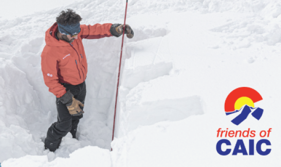Friends of CAIC photo -- avalanche forecaster measuring a snow pit