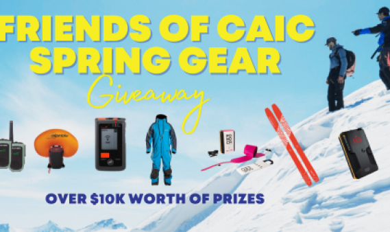 "Friends of CAIC Spring Gear" in yellow text on a graphic showing different backcountry gear.