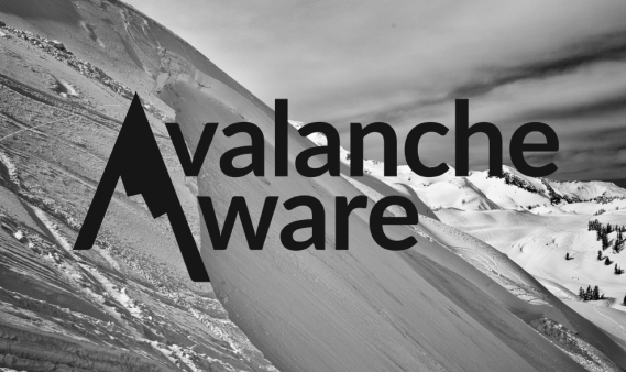 Black-and-white mountain snowfield with the Avalanche Aware logo overlaid across the slope.