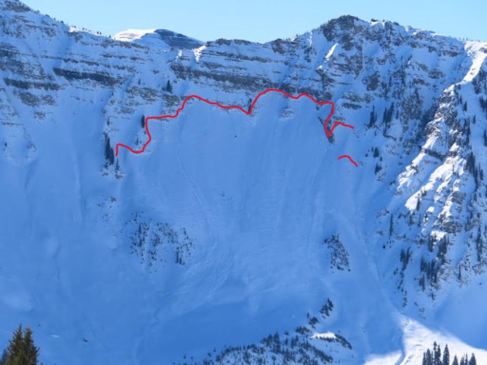 Image of Baxter Basin shows one of these large avalanches, which ran on a northerly-facing slope, breaking into the old October weak snow.