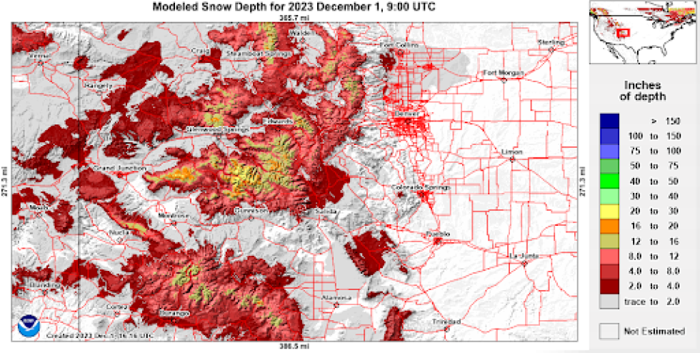 Snow coverage with depth shading as of December 1, 2023