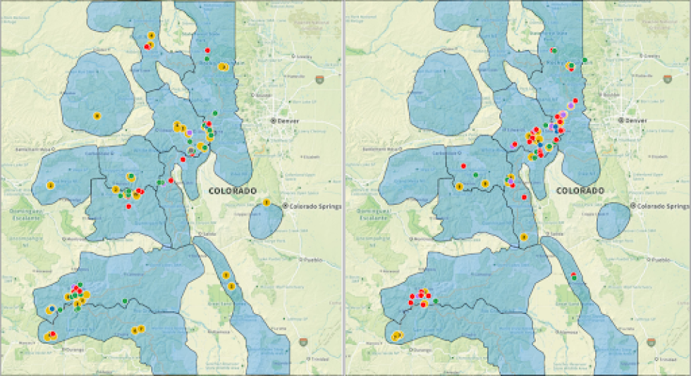 The left image shows reported avalanche locations from April 1 to 15. The right image shows reported avalanche locations from April 16 to 30. The higher density of avalanche occurrences during the month follows a similar pattern to the higher snowfall amounts from multiple up-slope storms.