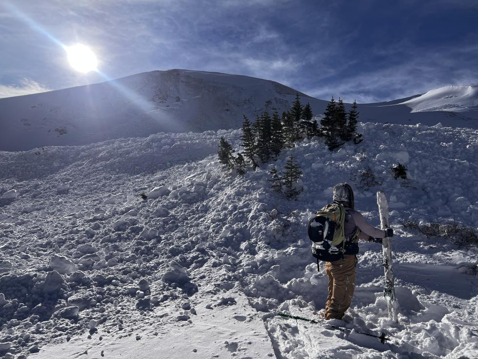 A skier stands at the edge of a large avalanche debris field, looking up at a snow-covered mountain ridge in the distance. The sun shines brightly in the sky, casting light over the scene. A clump of trees is visible in the middle of the debris, with snow and scattered tree parts covering the slope.