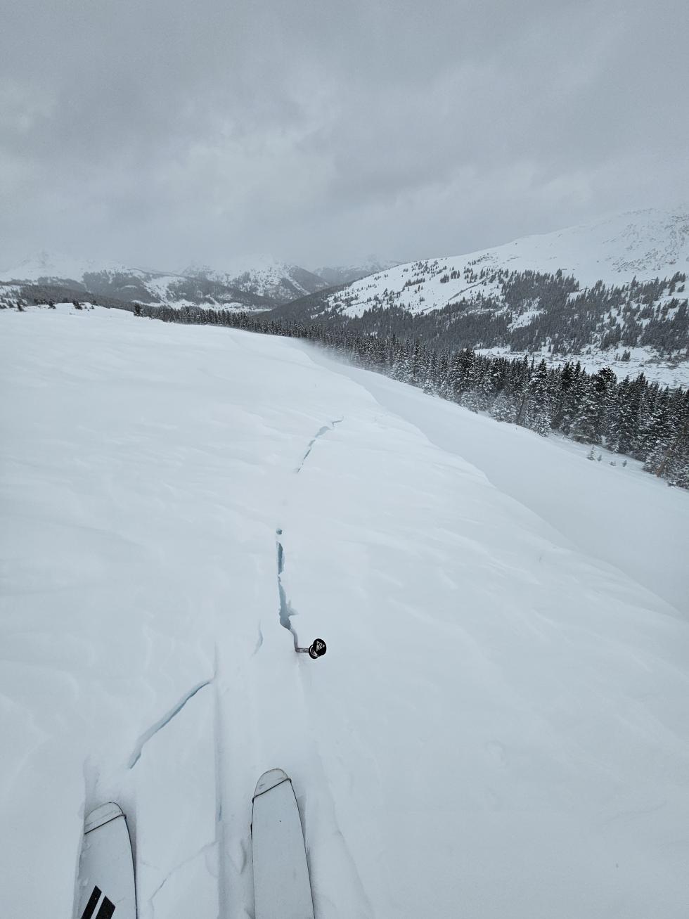two white skis in the snow and a crack leading out front from the snow.