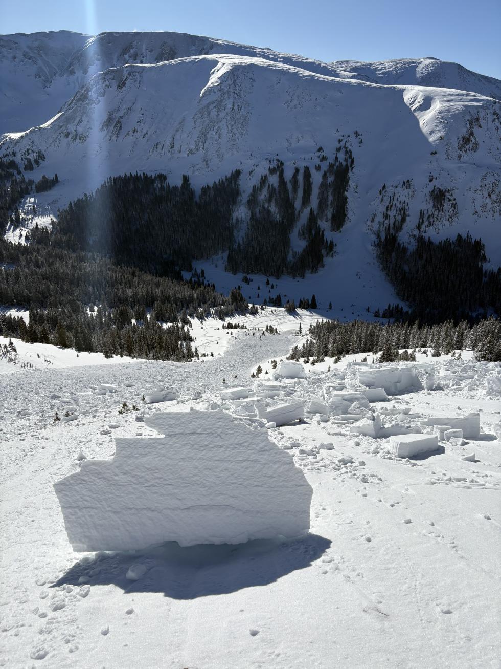 Chunk of avalanche debris in the foregound with avalanche debris down the avalanche path in the background.