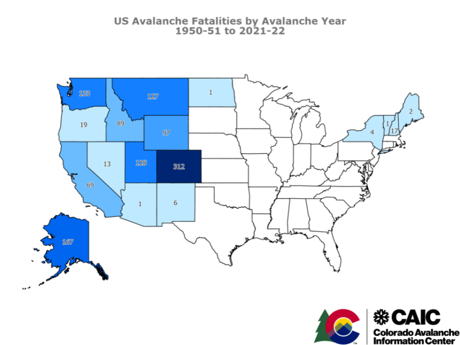 Map of US Avalanche Fatalities by State 1951-2022
