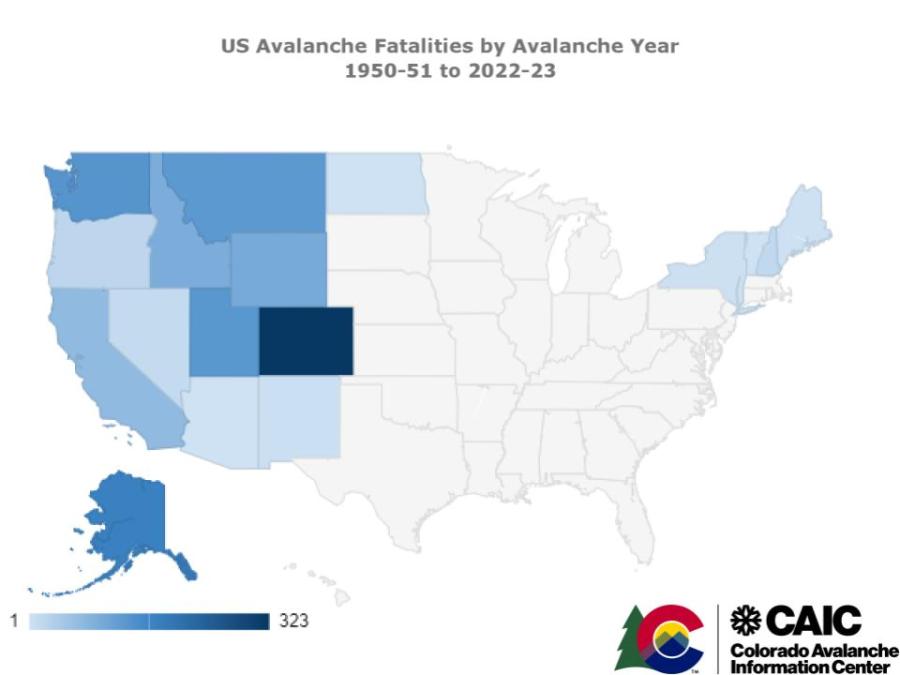 US Avalanche Fatalities by State (Map, 1950-2023)
