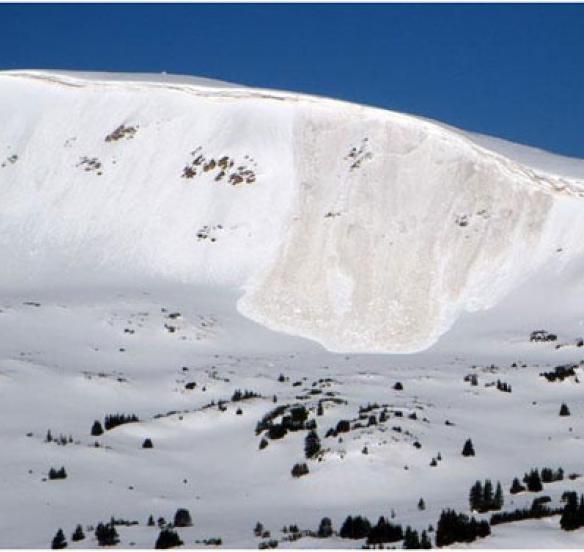 A Wet Slab avalanche. In this avalanche, the meltwater pooled above a dusty layer of snow. Note all the smaller wet loose avalanches to either side.